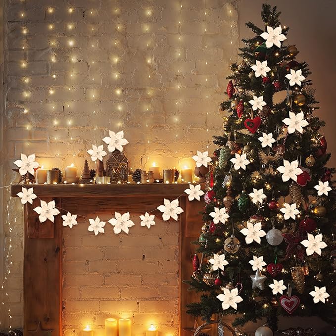 WILLBOND 24 Pcs 3 Size Poinsettia Flower Artificial Christmas Decor Glitter Poinsettia Christmas Ornaments Faux Flowers for Xmas Tree Outdoor(3.2/4/6 Inches,White)