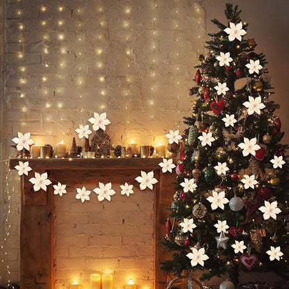 WILLBOND 24 Pcs 3 Size Poinsettia Flower Artificial Christmas Decor Glitter Poinsettia Christmas Ornaments Faux Flowers for Xmas Tree Outdoor(3.2/4/6 Inches,White)