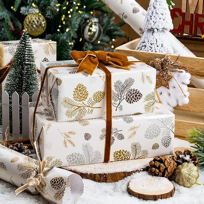 MAYPLUSS Luxury Christmas Wrapping Paper Roll - 17 Inch X 33 Feet - Beige Wrapping Paper with Gold and Silver Pine Cone, Needle Pattern Winter Motive Gift Wrap Paper for Christmas, Holiday, Birthday