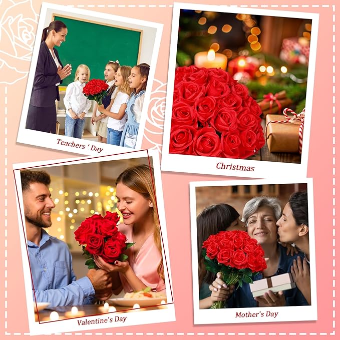 30pcs Fake Roses Artificial Silk Flowers Long Stems Bouquet for Wedding Bridal Shower Party Home Decoration (Red)