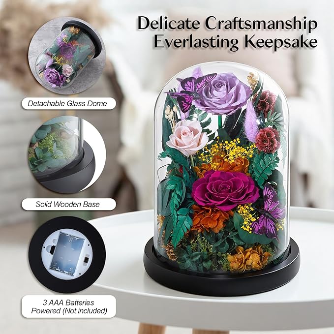 Preserved Rose with Butterfly, LED Forever Flowers in Glass Dome, Eternal Flowe for Women, Birthday Gifts for Mom Friend, Includes Greeting Card & Luxury Gift Box (Purple)
