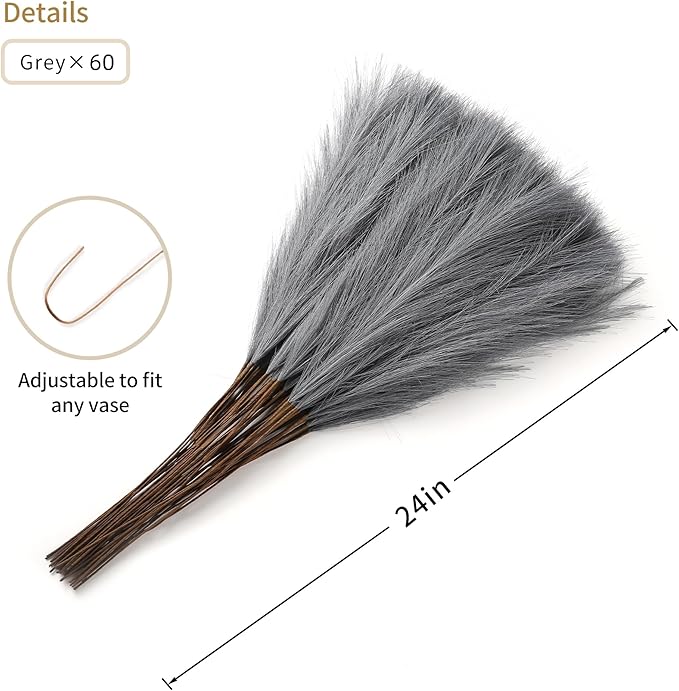 60pcs Grey Pampas Grass Decor - 24 Inch Long Faux Pampas Grass Decor, Artificial Pampas Feather for Vase Filler, Wedding, Party, Office and Home Decor (Grey)