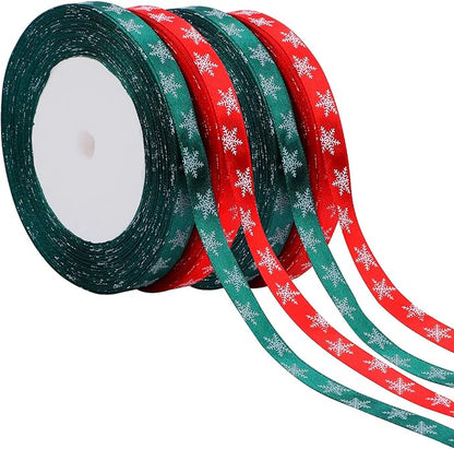 4 Rolls 100 Yards Christmas Snowflake Ribbons for Gift Wrapping, 10mm Wide Red and Green Satin Ribbon for Festival Holiday Party Decorations DIY Crafts