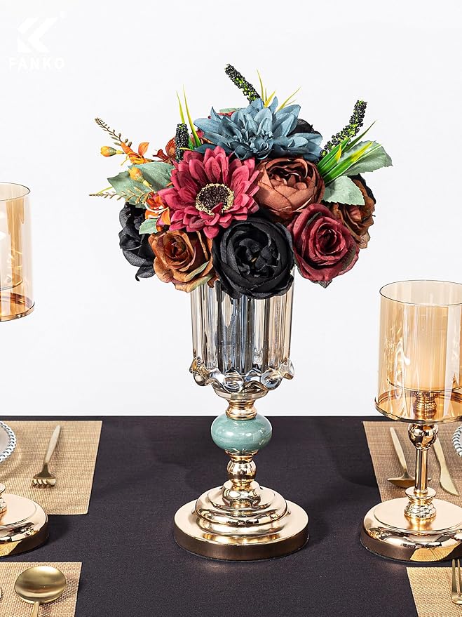 FANKO Artificial Flowers Black Rose: Mixed Fake Silk Flowers Combo Brown Rose Dusty Blue Dahlia Burgundy Sunflower Vintage for DIY Wedding Bridal Bouquets/Centerpieces/Home Decor