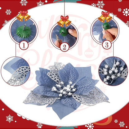 Boao 24 Pieces Christmas Artificial Glitter Poinsettia Flowers Xmas Flowers Wedding Christmas Tree New Year Ornaments(Dusty Blue)