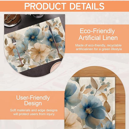 Blue Poppy Placemats Set of 6,Flowers Washable Kitchen Dining Linen Table Mats for Home Party Dinner Indoor Outdoor 12x18Inch