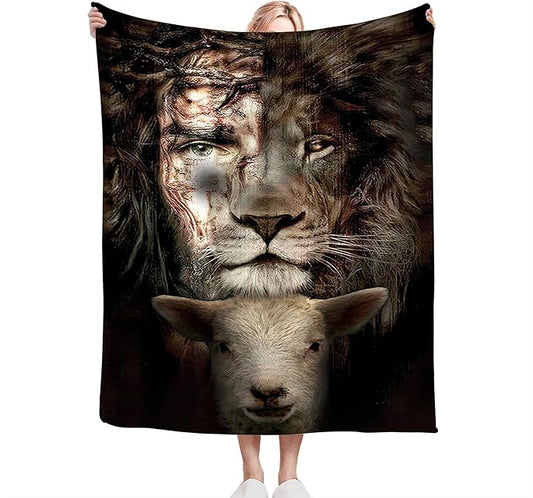 Christian Jesus Lion and Lamb Throw Blanket - Religious Gifts and Decor for Men Women Adults - Soft Warm Cozy Fleece for Couch Sofa Bed 80"x60"