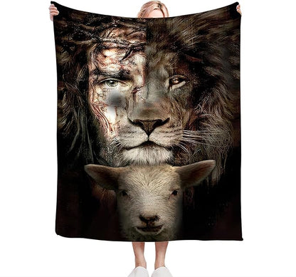 Christian Jesus Lion and Lamb Throw Blanket - Religious Gifts and Decor for Men Women Adults - Soft Warm Cozy Fleece for Couch Sofa Bed 60"x50"