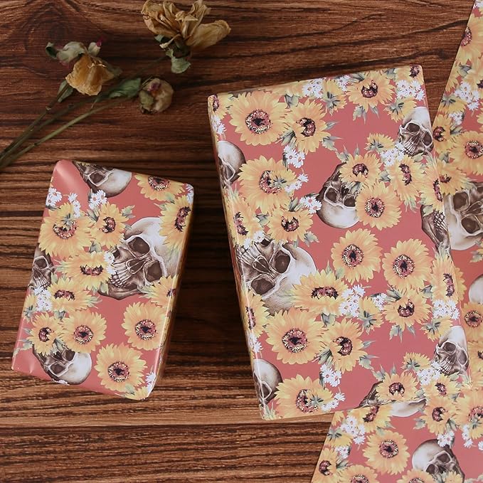 Aimyoo Orange Skull Floral Wrapping Paper Roll 17 in x10ft, Horror Gothic Halloween Wrap Paper