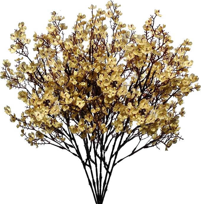 Mandy's Gold Artificial Baby’s Breath European Flowers 6 Bundles Silk Gypsophila with Bendable Stems for Fall Thanksgiving & Christmas Centerpiece Wedding Decor and Table Arrangements