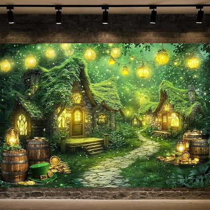 10X8ft St. Patrick's Day Backdrop Magic Enchanted Forest Green House Lucky Irish Shamrock Gold Coins Wonderland Photography Background for Kids Girls Party Decoration Cake Table Photo Booth Props