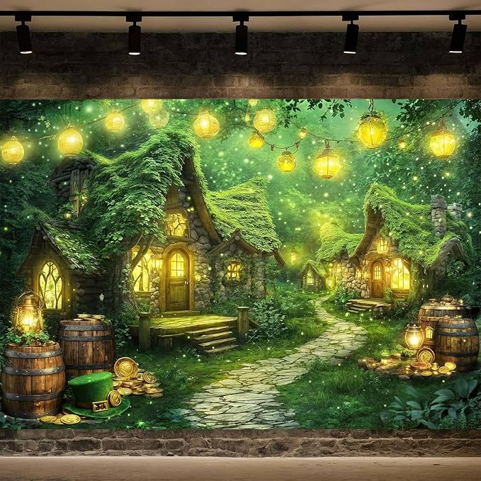 5X3ft St. Patrick's Day Backdrop Magic Enchanted Forest Green House Lucky Irish Shamrock Gold Coins Wonderland Photography Background for Kids Girls Party Decoration Cake Table Photo Booth Props