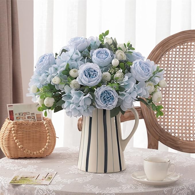 4 Bunches Artificial Flowers for Decoration Blue Peonies Fake Roses Arrangements Table Centerpiece Faux Flores for Wedding Home Vase Decor