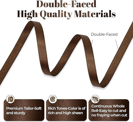 Brown Satin Ribbon, Double Faced 1/4 Inch X 50 Yards Brown Ribbon, Premium Satin Ribbon for Gift Wrapping, Crafts, Hair Bow Making, Sewing, Flower Bouquet, Wedding Party Decor
