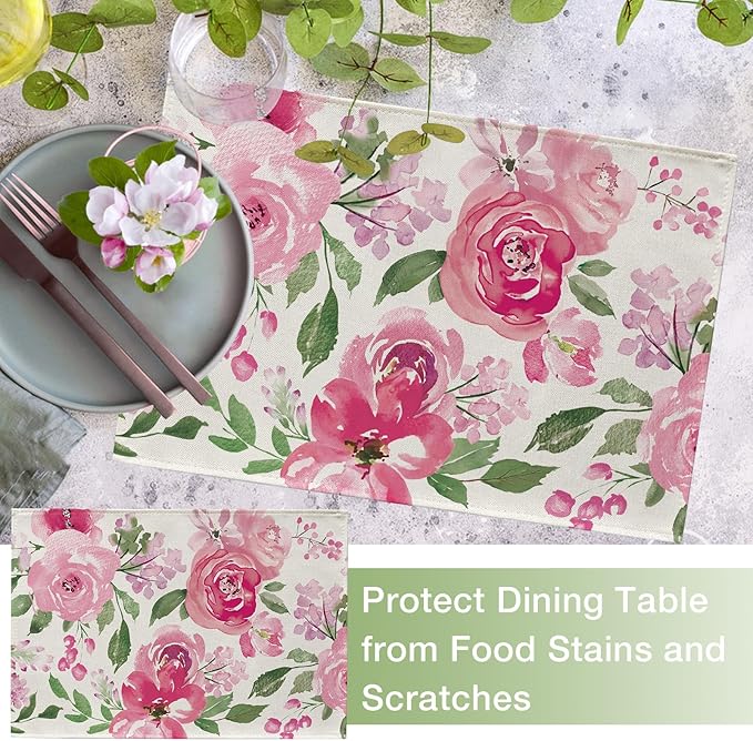 Seliem Spring Summer Watercolor Flower Placemats Set of 4, Pink Peony Floral Dining Table Place Mats, Seasonal Kitchen Decor Home Decoration 12 x 18 Inch
