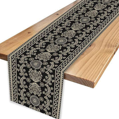 Black Paisley Table Runner, Retro Damask Boho Floral Print Linen Table Center Decor Family Kitchen Outdoor Farmhouse Holiday Party Table Decorations 13x72 inch