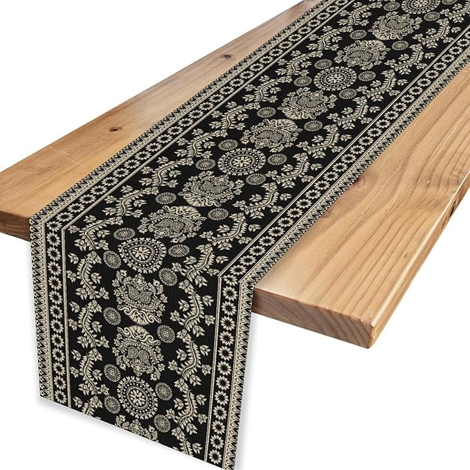 Black Paisley Table Runner, Retro Damask Boho Floral Print Linen Table Center Decor Family Kitchen Outdoor Farmhouse Holiday Party Table Decorations 13x36 inch