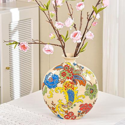 Sungmor High-Class Enamel Painted Porcelain Vase, Traditional Hand-Carved Overglaze Color Ceramic Vase for Fresh Flowers Dried Plants Arrangement, Decorative Vase for Centerpieces, Shelf, Living Room