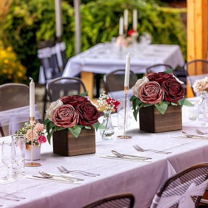 Dining Table Centerpiece Set of 6 - Pre-Made Aritifial Rose with Wooden Vase Fake Floral Arrangment Faux Flower for Wedding Bridal Tea Party Event Decorations - Burgundy & Dusty Pink