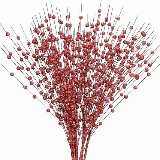 Artificial Glitter Berry Stems Decorations 17 Inch, Fake Berries Bead Sticks Pick for Halloween Christmas Ornaments Berries Stem Xmas Tree Picks Wreath Vase Filler Home DIY Decor - Red 10 Pack