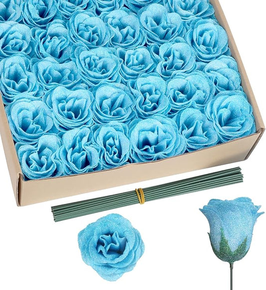 Light Blue Roses Artificial Flowers,30PCS Fake Glitter Roses with Stem for Wedding Bouquet Party Christmas Home Decor(Light Blue)