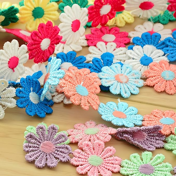 15 Yards Daisy Flower Lace Trim Embroidered Floral Lace Sewing Trim Ribbons for Embellishment Craft Dress Hair Accessories Decorations (Pink+Lavender+Light Green, 1" x 15 Yards)
