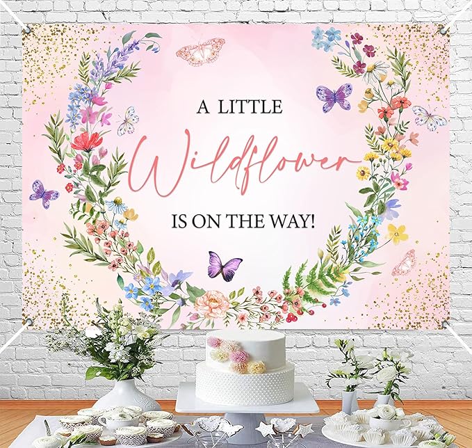 Sensfun Wildflower BabyShower Decorations,A Little Wildflower is On Way Baby Shower Backdrop Banner,Pink Wild Flowers Floral Theme Background for Girls Baby Shower Party Decor Photo Booth Props 8x6ft