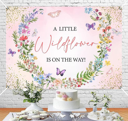 Pink Floral Wildflower Baby in Bloom Baby Shower Backdrop Decorations A Little Wildflower is On The Way Backdrops Banner Background for Girl Wild Flower Theme Baby Shower Party Decor Photo Props 7x5ft