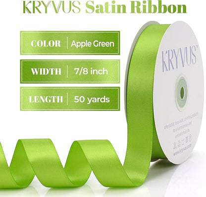 Apple Green Satin Ribbon, Double Faced 7/8 Inch X 50 Yards Apple Green Ribbon, Premium Satin Ribbons for Gift Wrapping, Crafts, Hair Bow Making, Sewing, Flower Bouquet, Wedding Party Decor