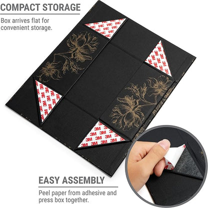 Luxury Keepsake Gift Box | Black Gold Floral Decorative Boxes with Magnetic Lids for Presents, Wedding Memory Box, and Bridal Gifts. 11.5" x 7.5" x 3.5"
