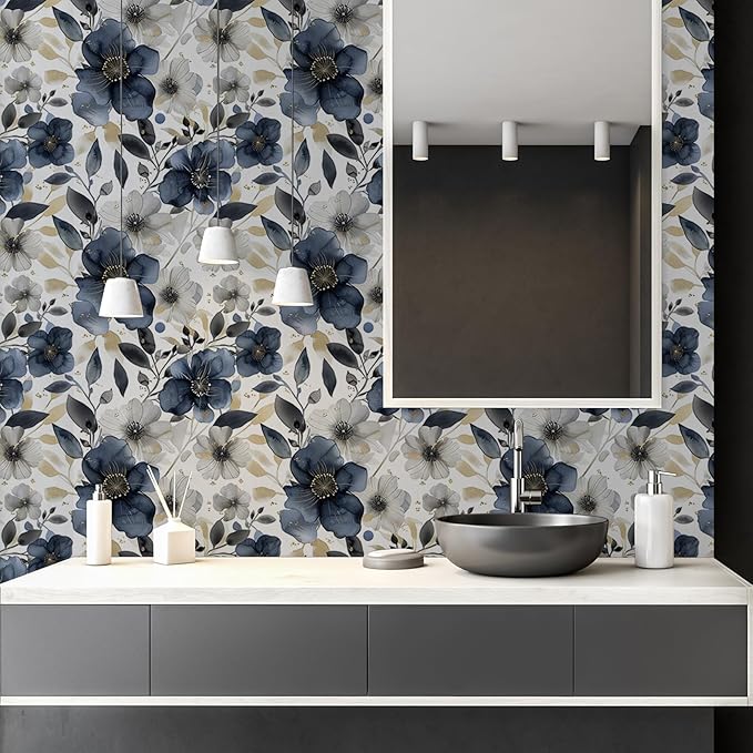 Floral Peel and Stick Wallpaper - Vintage Dark Blue/Gray Flower Boho Wallpaper - Removable, Renter Friendly - 17.71'x236.2'