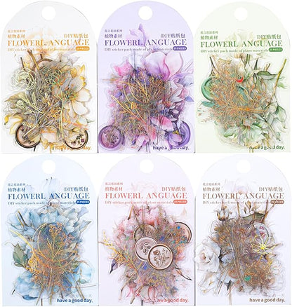 TIAMECH Flowers Stamp PET Stickers - 150 Pcs Vintage Dream Talk & Beauty Snow Floral Design, Waterproof Sticker for Journaling & Scrapbooking, Junk Journal Supplies, Ephemera & DIY Crafts