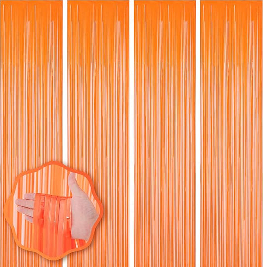 4 Pack Orange Foil Fringe Backdrop Curtains, Tinsel Streamers Birthday Party Decorations, Fringe Backdrop for Graduation, Baby Shower, Gender Reveal, Disco Party