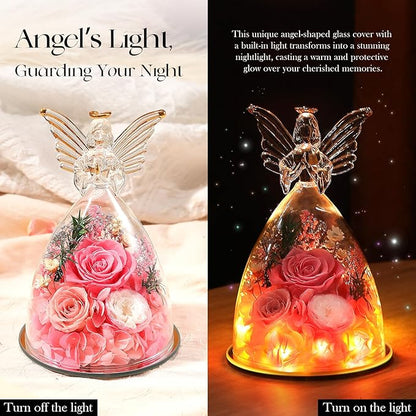 RoseValley Angel Roses Gifts for Mom,Preserved Real Flowers Roses in Glass Angel Figurines,Christmas Birthday Gifts for Grandma Women Mom Wife Mother in Law/Pink