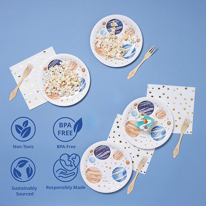 129 PCS Space Birthday Decorations – Includes Moon, blue and gold Balloon Arch Kit, Pump, Cake Topper, Paper Plates, Napkins, Bamboo Forks, and Banner – Outer Space Party Decorations, Serves 20 Guests