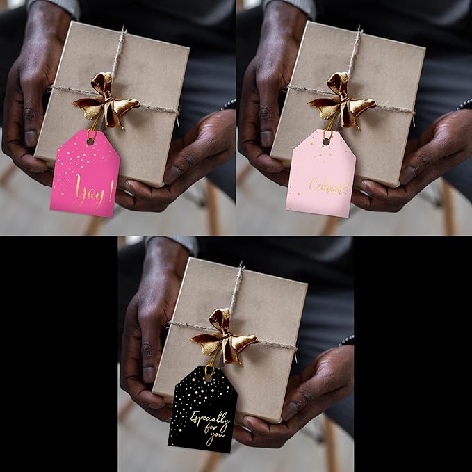 Pro Supply Global 24 Count of 2.5 Inch x 3 Inch Pre Strung Gold Confetti Gift Tag Assorted Printed Designs on Large Cardstock Gift Hang Tags - Ideal to Use on Bags
