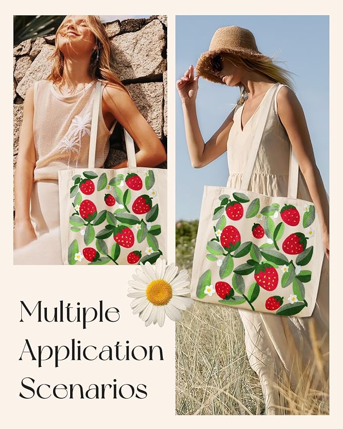 Aesthetic Embroidery Tote Bag for Women - Reusable Canvas Cute Shoulder Bag for Shopping, Grocery, Work, Book