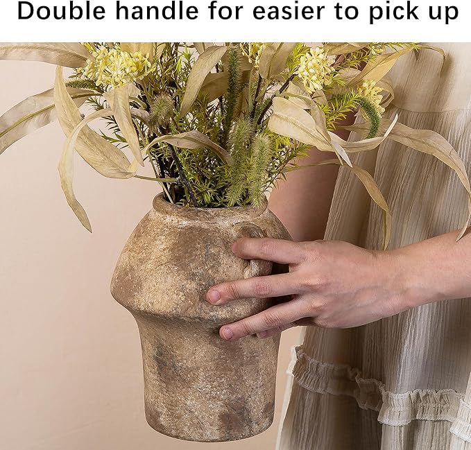 Ceramic Vase with Handle - 7 in Rustic Flower Vase - Terracotta Vintage Vases Christmas Decorative for Home Decor, Farmhouse Living Room Shelf Decor Farmhouse Table, Lyeec