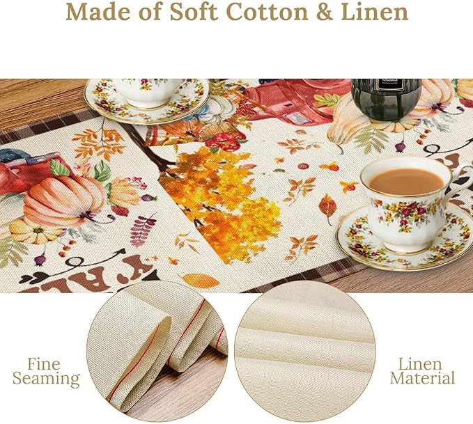 Fall Pumpkin Table Runner,Rustic Maple Yellow Leaf Trees Truncks Brown Plaid Tablecloth Burlap for Hotel Indoors Outdoor Dining Room Kitchen Home Decor,W13X L36 in