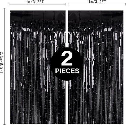2 Pack 3.2ft x 8.2ft Black Tinsel Foil Fringe Curtain, Sparkle Metallic Foil Backdrop for Party Photo Booth Props New Years Eve Birthday Bridal Shower Bachelorette Holiday Decorations Supplies