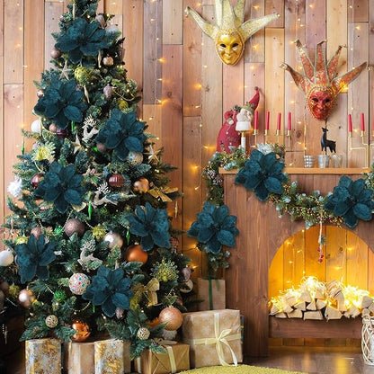 8 Pcs Large Christmas Flower Magnolia Flowers Christmas Tree Decoration Artificial Poinsettia Stems Velvet Xmas Ornaments for Xmas Tree Table Decor(Peacock Green,12 Inch)