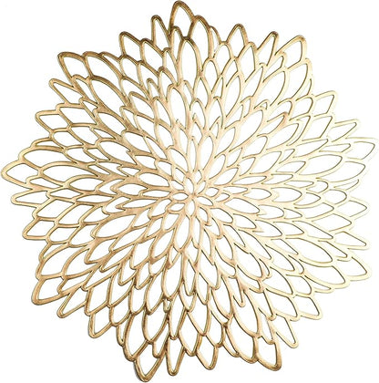 Snowkingdom Pack of 8 Gold Metallic Round Placemats Bulk Round Pressed Vinyl Leaf Dinning Kitchen Table Mats Decoration for Christmas Wedding Thanksgiving Party