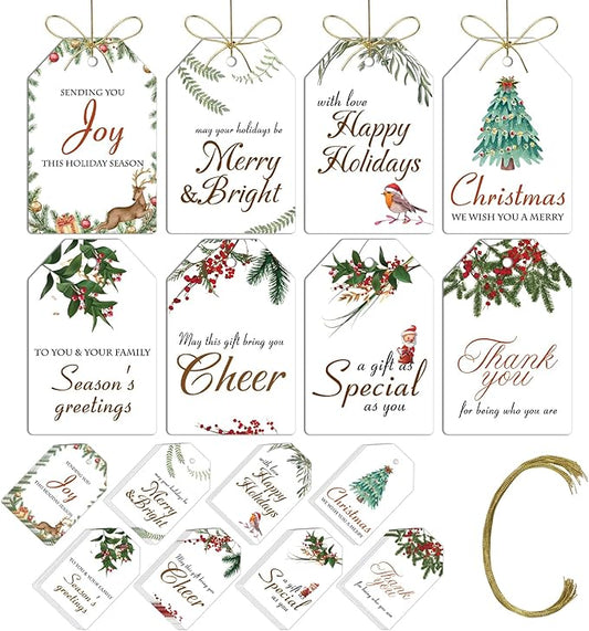 AuroTrends Christmas Gift Tags with String 48Pcs, Name Tags for Christmas Presents -Quality Christmas Tags with Holes& Pre-Cut Strings (8 Styles, 48 Pcs)