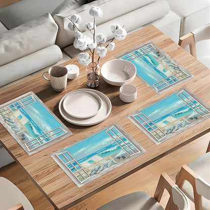 Coastal Beach Placemats Set of 6 Seascape Ocean Table Mats Washable Place Mats for Home Party Indoor Kitchen Dining Table Decoration 12x18 Inch