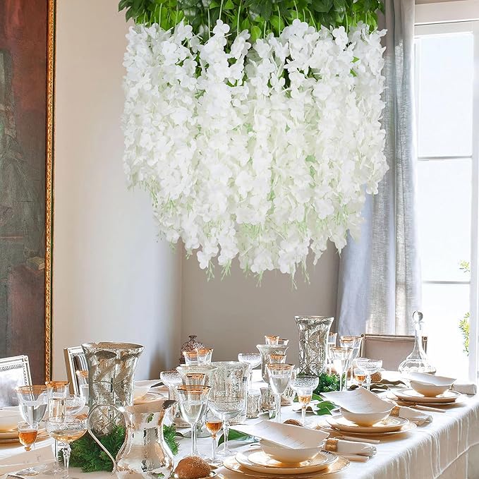 Yastouay 28 Pcs Wisteria Hanging Flowers, 3.77 Ft/Pcs Artificial Hanging Flowers, White Fake Wisteria for Wedding Party Backdrop Wall Home Decoration