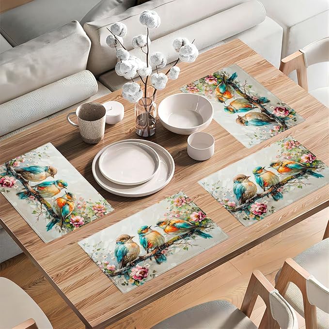 Botanical Birds Placemats Set of 4 Bird Pictures Farmhouse Rustic Flower Kitchen Mats Waterproof Washable Table Mats for Kitchen Dining Decoration 4 PCS