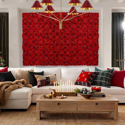 Artificial Flower Wall Backdrop 16pcs 16.5x16.5 Inch 3D Silk Rose Floral Wall Panel Ideal for Wedding Celebrations, Festive Party Birthday Backdrops and Elegant Home Decor-Red