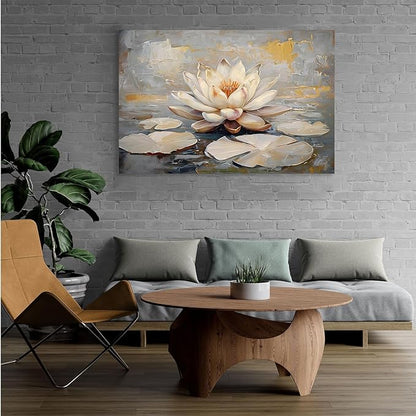Ethereal white lotus floating on Crystal Waters poster vintage oil painting printwall art soft blush and gold accents serene home and office decor dreamy 8x12in Wood Framed