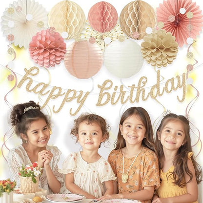 Boho Pink Happy Birthday Decorations, Pre-Strung Happy Birthday Banner with Honeycomb Balls, Paper Flowers, Lanterns, Fans, Hanging Swirls, Circle Dots Garland for Birthdays Party Decorations 24pcs