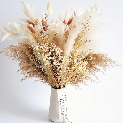 Dried Flower Bouquet (No Vase) | 17'' Mini Boho Floral Arrangement - Pampas, Bunny Tails, Baby's Breath & More Natural Dried Flowers – Home Wedding Decor, Centerpiece